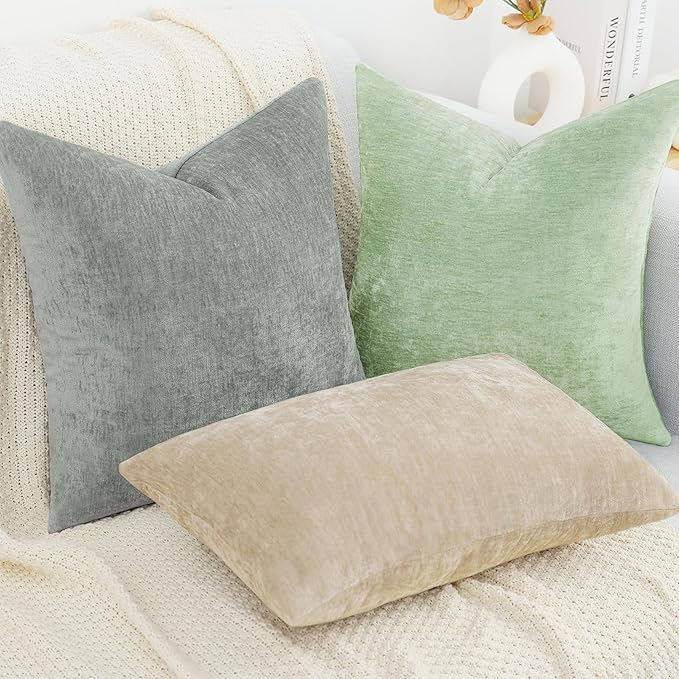 decorUhome Chenille Beige Spring Throw Pillow Covers 12x20 Inch Set of 2, Decorative Soft Couch Pillow Covers Solid Dyed Accent Farmhouse Neutral Rectangle Pillow Cases for Sofa