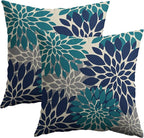 Navy Blue Teal Pillow Covers 18X18 Inch Set of 2, Summer Modern Geometry Dahlia Floral Print Decorative Throw Pillow Covers Outdoor Farmhouse Cushion Case for Couch Sofa Bed Decor