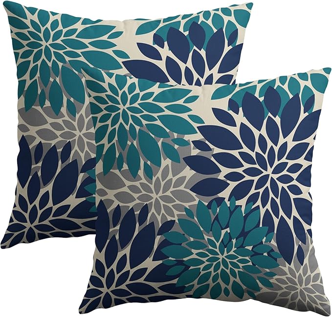 Navy Blue Teal Pillow Covers 18X18 Inch Set of 2, Summer Modern Geometry Dahlia Floral Print Decorative Throw Pillow Covers Outdoor Farmhouse Cushion Case for Couch Sofa Bed Decor