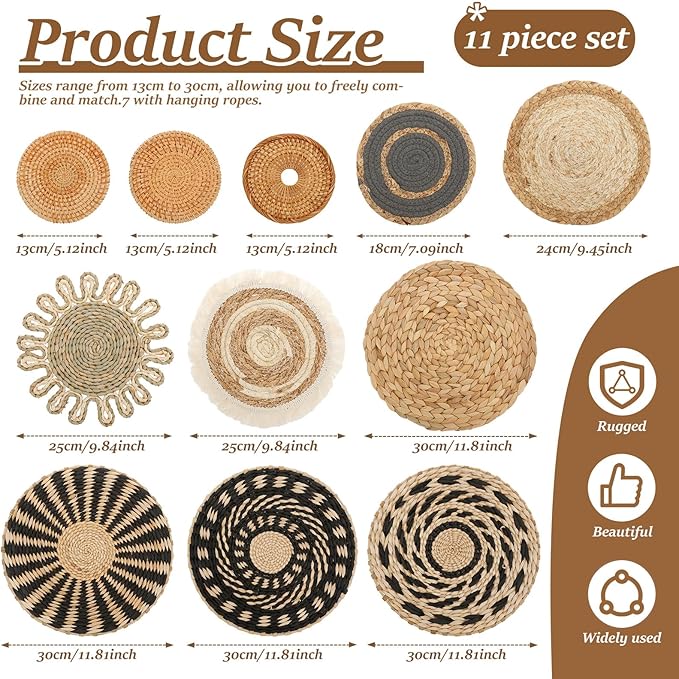 HJJWNDDNG 11 Pack Boho Wall Basket Decor Set, Hanging Woven Seagrass Rattan Wicker Boho Wall Decor, Round Farmhouse Wall Hanging Baskets Rustic Flat Wall Art for Living Room Bedroom Kitchen (Style 5)