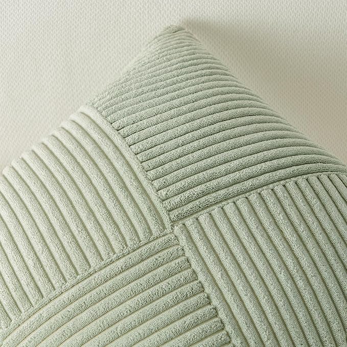 Topfinel Set of 2 Sagegreen Decorative Green Throw Pillow Covers 12x12 Inch, Soft Corduroy Pillow Covers Windmill Textured Striped Patchwork Cushion Cases for Couch Sofa Bed Cute Aesthetic Home Decor