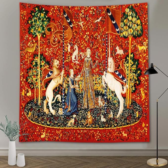 FEASRT Medieval Princess Tapestry Maiden and Unicorn - European Royal Tapestry, 40x30 Inches Soft Flannelette, for Living Room Royal Historical Decor