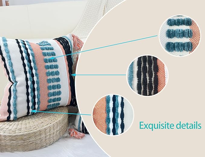 Boho Throw Pillow Covers 18x18 Aesthetic Neutral Boucle Couch Pillow Cover Rainbow Striped Decorative Accent Pillow Case for Couch Bed Sofa Farmhouse Bedroom,Modern Funky,Set of 2 Turquoise