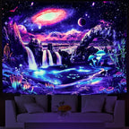 Lahasbja Galaxy Tapestry, Trippy Planet Wall Art, UV Reactive Waterfall Landscape, Mysterious Neon Plants, Polyester, for Bedroom, Living Room, Office