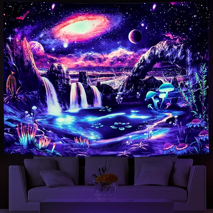 Lahasbja Blacklight Galaxy Panet Tapestry UV Reactive Waterfall Landscape Wall Decor Fantasy Mountain Wave Wall Tapestry Mysterious Neon Plants Wall Hanging for Room