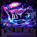 Lahasbja Blacklight Galaxy Panet Tapestry UV Reactive Waterfall Landscape Wall Decor Fantasy Mountain Wave Wall Tapestry Mysterious Neon Plants Wall Hanging for Room