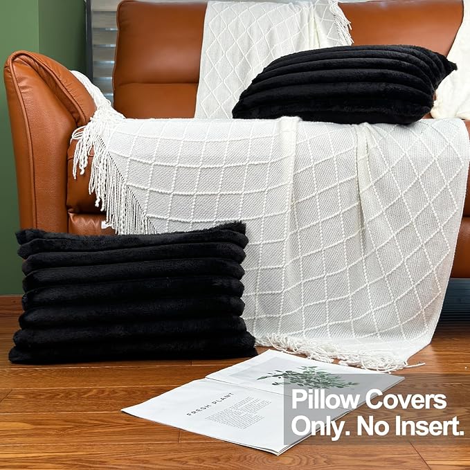 20" x 12" Black Throw Pillow Covers Pack of 2, Soft Fluffy Faux Fur Decorative Pillows for Couch, Bed Cover with Velvet Back for Living Room, Home Décor for Sofa (50cm x 30cm, No Inserts Included)