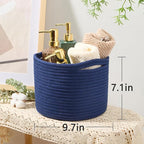 Small Basket for Organizing | Cube Shelf Closet Storage Baskets | 9.7×9.7×7.1” | Woven Rope Gift Basket | Nursery | Round 3 Packs Navy Blue