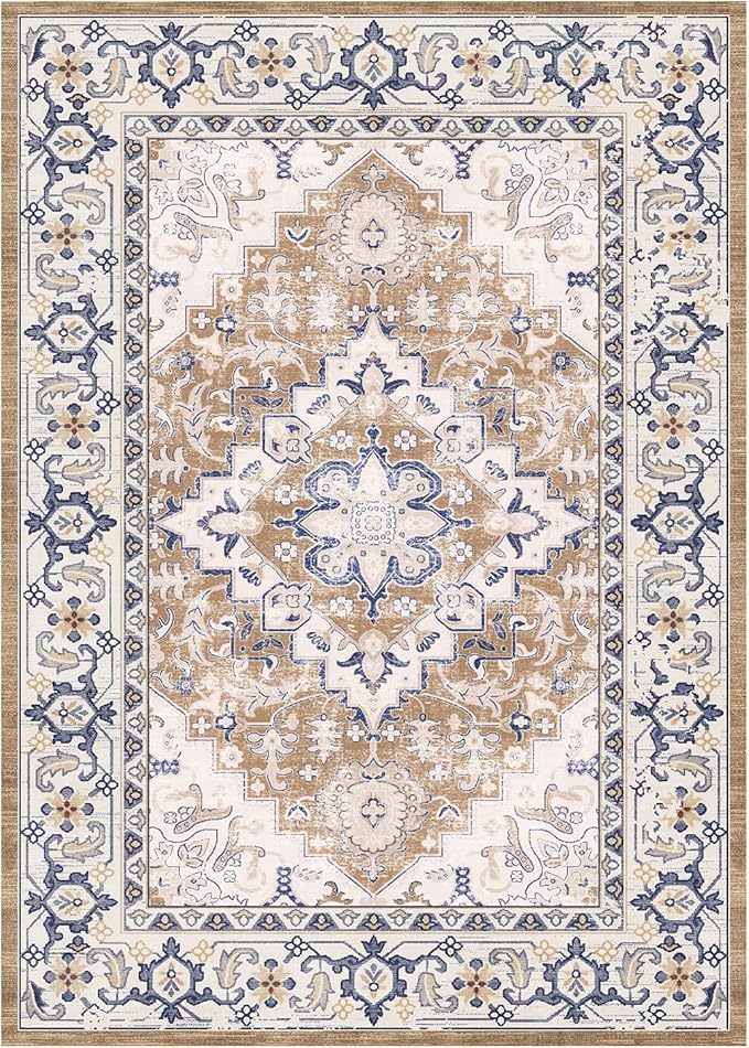 Lessymo 8 x 10 Area Rugs for Living Room- Machine Washable Area Rugs Boho Faux Wool Low Pile Area Rug for Bedroom, Floral Medallion Vintage Rugs with Non-Slip Rubber, Kid & Pet Friendly, Brown Beige