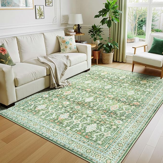 Lessymo 5x7 Washable Area Rug with Non Slip Backing,Soft Boho Indoor Carpets for Living Room Bedroom Nursery, Kid and Pet Friendly, Light Green