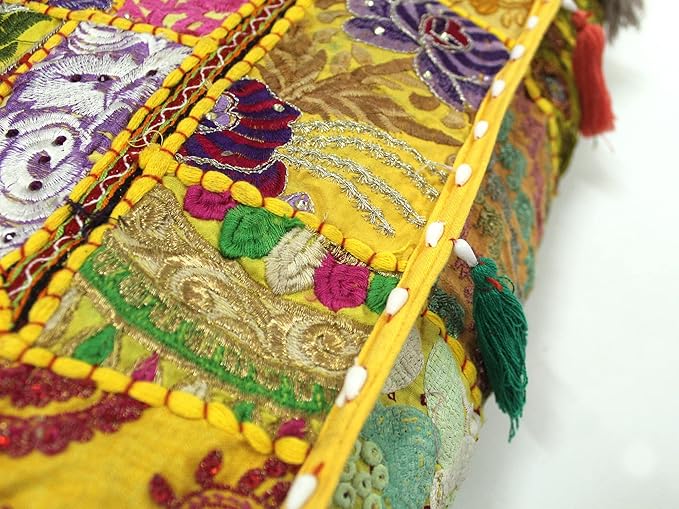 Mam Treasures Indian Bohemian Decorative Pillow Vintage Cushion Cover Patchwork Square Floor Pillow Cover Meditation Cushion Large Floor Pillow Indian Cushion (Yellow, 16 X 16 X 5 Inch)