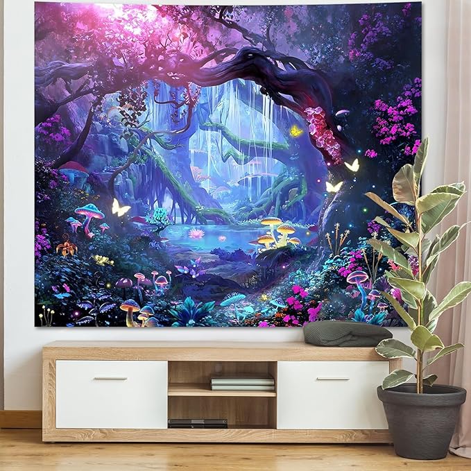 Apdidl Forest Nature Room Decor Tapestry Wall Hanging, Fantasy Trees Butterfly Mushroom Tapestries for Bedroom, Blue Colorful Floral Magical Plants Jungle Landscape Backdrop for Living Room 51"X60"