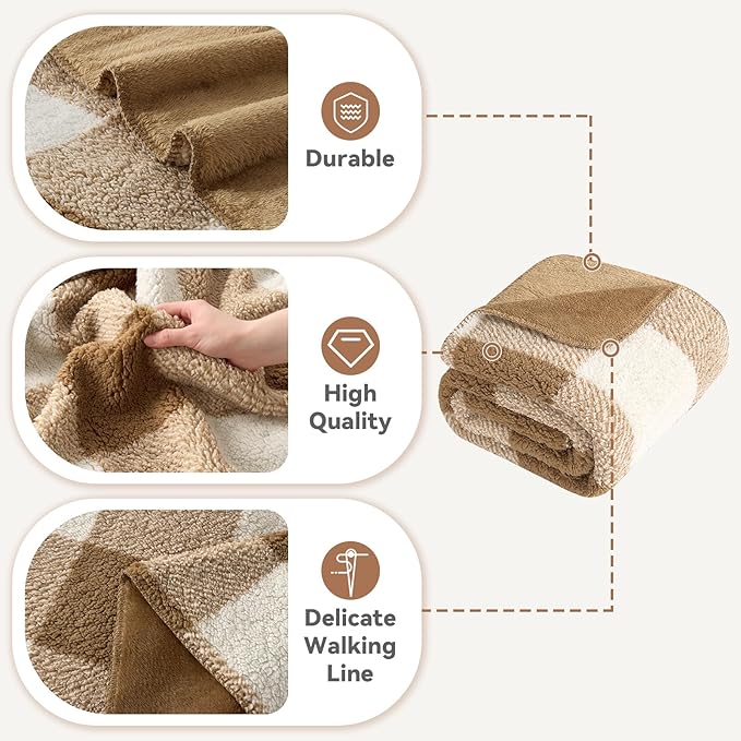 LURKA Checkered Sherpa Fleece Throw Blanket – Soft and Cozy, Medium Weight for All Season, Oversized Plush Throw for Couch, Bed & Pets, Brown, 90x90 Inches