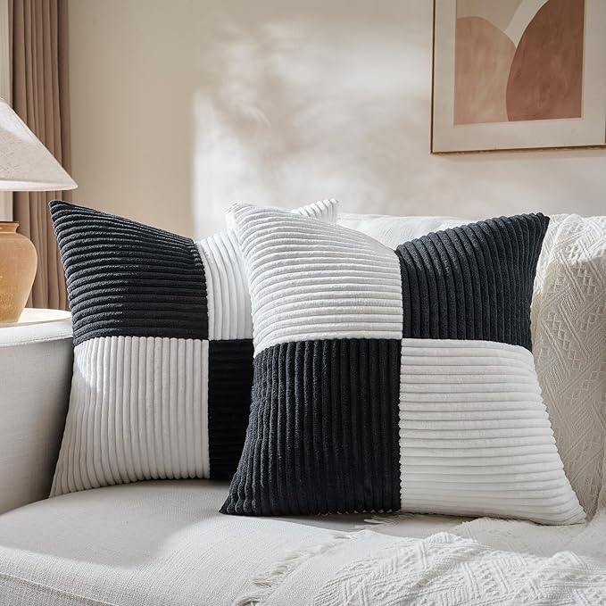 Fancy Homi Set of 2 Black White Big Decorative Throw Pillow Covers 24x24 Inch for Couch Bed Sofa, Modern Farmhouse Boho Home Decor, Soft Cross Corduroy Patchwork Accent Square Cushion Case 60x60 cm