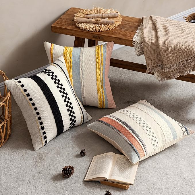 ANRODUO Pack of 2 Boho Decorative Throw Pillow Covers 18x18 Farmhouse Cushion Case Striped Chenille Pillow Cases Square Pillow Covers Accent Neutral Pillowcase for Sofa Couch Bed, Black Stripe
