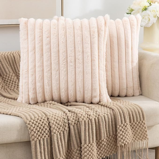 ZLINA Set of 2 Beige Faux Fur Decorative Throw Pillow Covers Fluffy Striped Pillowcase Cushion Covers 22 x22 Inch Decor Sofa Couch Bedroom