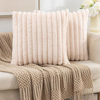 ZLINA Set of 2 Beige Faux Fur Decorative Throw Pillow Covers Fluffy Striped Pillowcase Cushion Covers 18 x18 Inch Decor Sofa Couch Bedroom