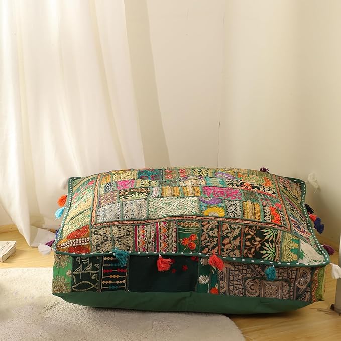 THE ART BOX Cotton Patchwork Vintage Boho Embroidered Floor Pillows & Cushion Cover Dog Pouf Seating Pouf Meditation Pillow Pet Bedding Cat Bed Boho Home Décor (35x35 Inches, Cover Only)