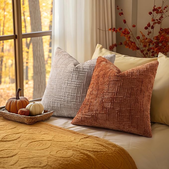 decorUhome Rust Chenille Throw Pillow Covers 16x16 Set of 2 Textured Soft Cozy Slubby Couch Pillow Covers Modern Farmhouse Boho Decorative Pillow Cases for Bed Sofa Living Room
