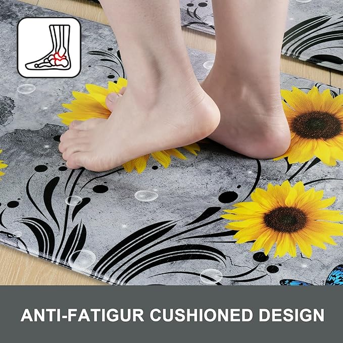 Likiyol Sunflower Kitchen Rugs Sets of 3 Kitchen Mats for Floor Anti Fatigue Mats for Kitchen Floor, Spring Floral Flower Non Slip Washable Standing Floor Mats, 18''x30''+18''x48''+18''x60''(Gray)