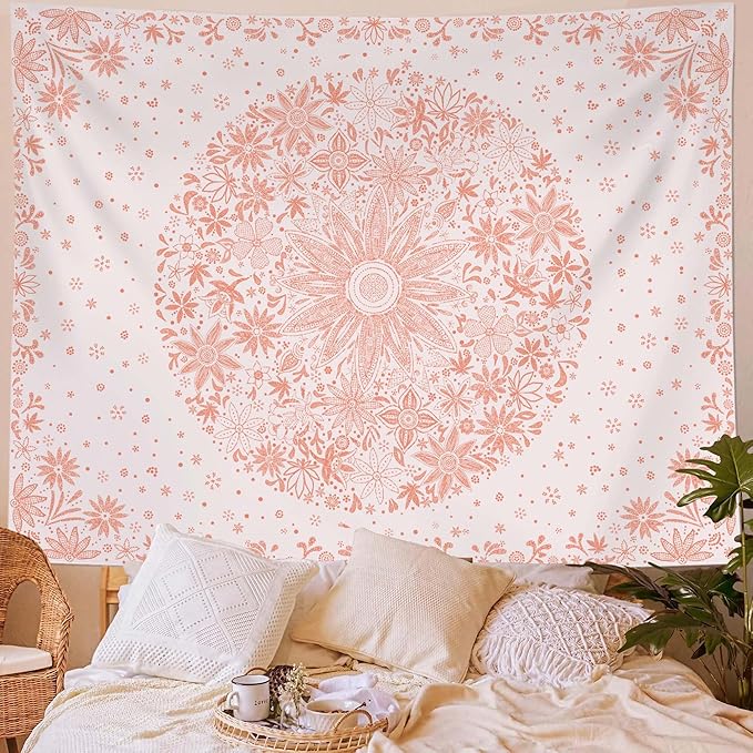 Neasow Bohemian Tapestry Wall Hanging, Pink Floral Tapestry with Dotted Daisy Medallion Print Bedroom Boho Hippie Home Decor, 60x80 inches