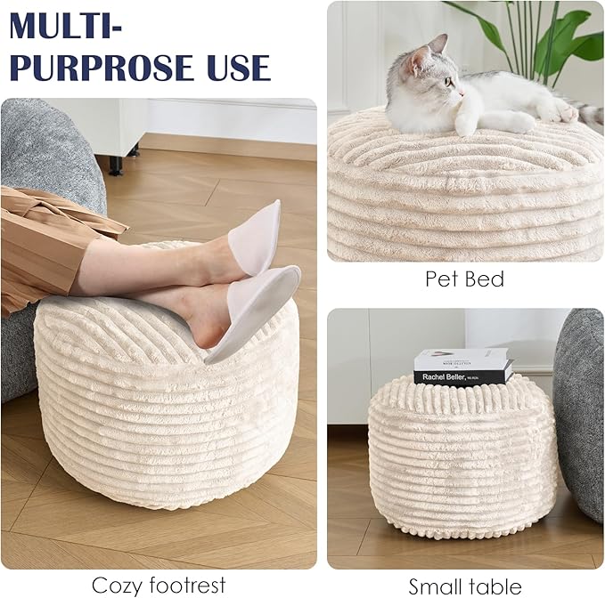 SHOUREN Stuffed Round Pouf Ottoman,Corduroy Foot Rest with Shredded Foam Filling, Lightweight and Fluffy Pouf Storage Ottoman for Living Room,Floor Poufs for Couch,18"x 14", Beige