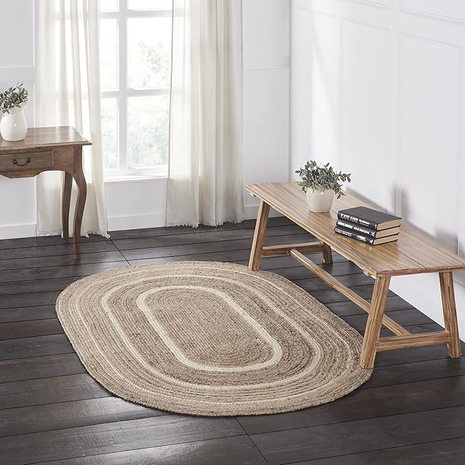 VHC Brands Jute Rug Oval with Pad, Natural & Crème, 48x72