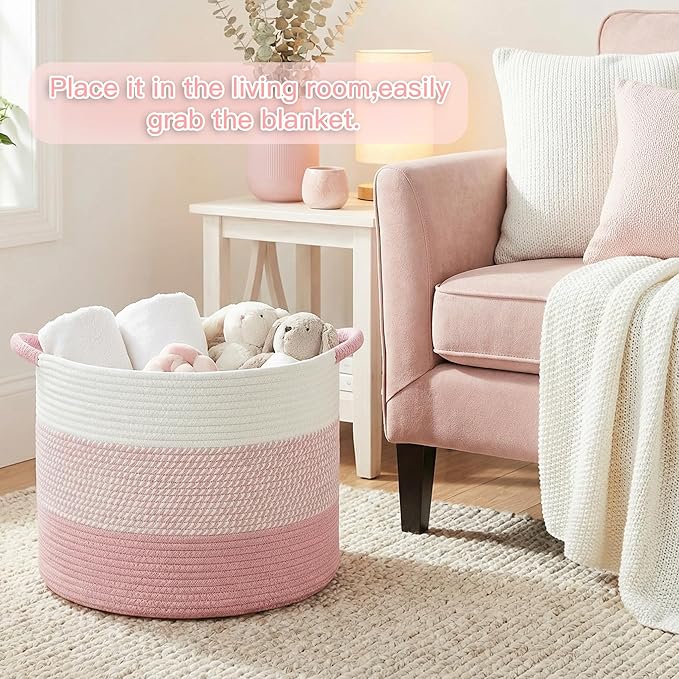 40L Large Cotton Rope Basket, Decorative Woven Blanket Storage for Living Room, Boho Toy Storage & Toy Box for Kids, Versatile Laundry Basket & Nursery Hamper for Blankets(Pink)