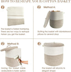 Large Storage Basket with Lid 60L, 16"Wx18"H Woven Laundry Hamper Basket with Handle, Room Decor Cotton Rope Wicker Basket Toy Organizer Bins for Clothes Blankets Pillows, Beige/White Mix includes Lid