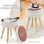 Round Foot Stool Ottoman with Storage Footrest with Wood Legs Cotton Knitted Vanity Stool Tray Top Coffee Table Multifunctional Upholstered Footstool for Living Room Bedroom White