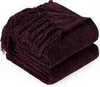 Chenille Throw Blanket for Couch with Tassels,60"X80" Soft Cozy Lightweight Knitted Boho Decorative Blankets for Bed and Sofa,Aubergine