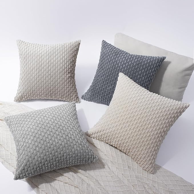 Softalker Throw Pillow Covers 20x20 Inch, Set of 4, Soft Corduroy Boho Stripe Decorative Pillow Cover, Couch Fluffy Pillow Cover for Farmhouse Home Decor Bed Living Room, Grey/Beige