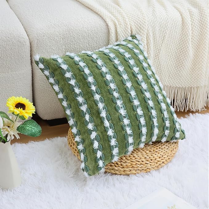 18x18 Boho Pillow Cover - Chenille Tufted Decorative Throw Pillow Cover Soft Velvet Backing, Farmhouse Striped Square Accent Pillow Case for Sofa, Couch, Bedroom, Living Room, Green White