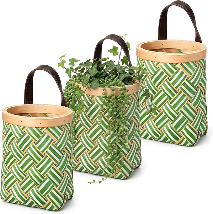 Yinkin 3 Pack 6 Inch Small Wall Hanging Basket Woven Wood Storage Basket Hanging Rope Organizer Flower Plants Vegetable Wall Decoration for Porch Living Room Bedroom Home (Sage Green)