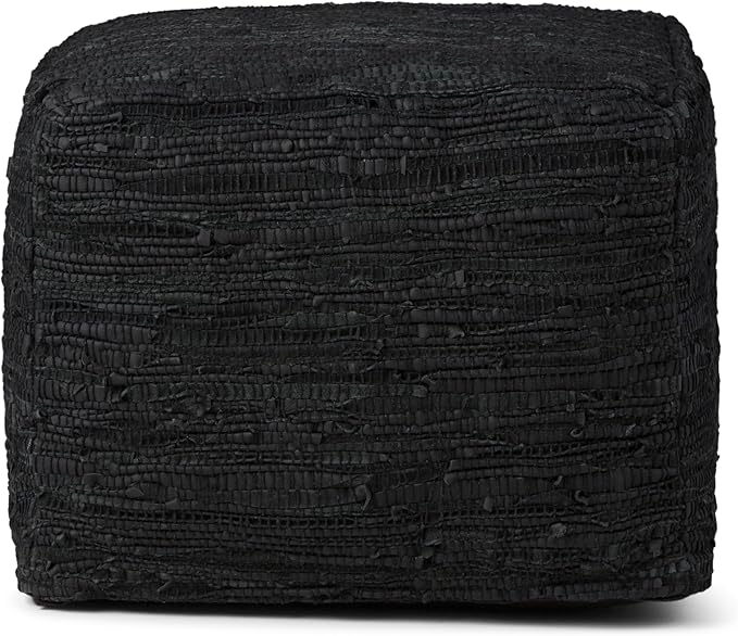 SIMPLIHOME Fredrik Square Pouf - 18 inch Wide Genuine Woven Leather Ottoman in Black, Boho-Style Footstool or Extra Seating for Living Room or Bedroom with Polystyrene Bead Filling, Assembled