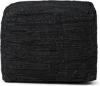 SIMPLIHOME Fredrik Square Pouf - 18 inch Wide Genuine Woven Leather Ottoman in Black, Boho-Style Footstool or Extra Seating for Living Room or Bedroom with Polystyrene Bead Filling, Assembled
