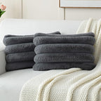 FUTEI Dark Grey Decorative Throw Pillow Covers 12x20 Inch Set of 2, Square Soft Faux Rabbit Fur Big Striped Cushion Cover,Home Decor for Couch Sofa Bed Living Room