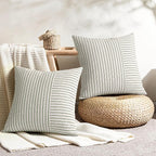 YCOLL Farmhouse Pillow Covers 26x26, Modern Accent Square Throw Pillow Covers Set of 2, Olive Green and Beige Striped Patchwork Linen Decorative Cushion Covers for Couch Chair Bedroom Home Decor