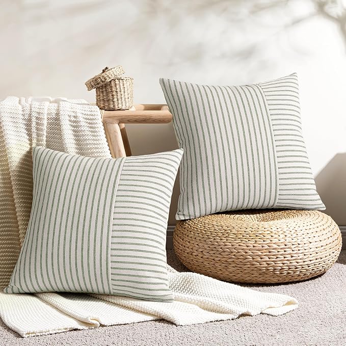 YCOLL Farmhouse Pillow Covers 20x20, Modern Accent Square Throw Pillow Covers Set of 2, Olive Green and Beige Striped Patchwork Linen Decorative Cushion Covers for Couch Chair Bedroom Home Decor