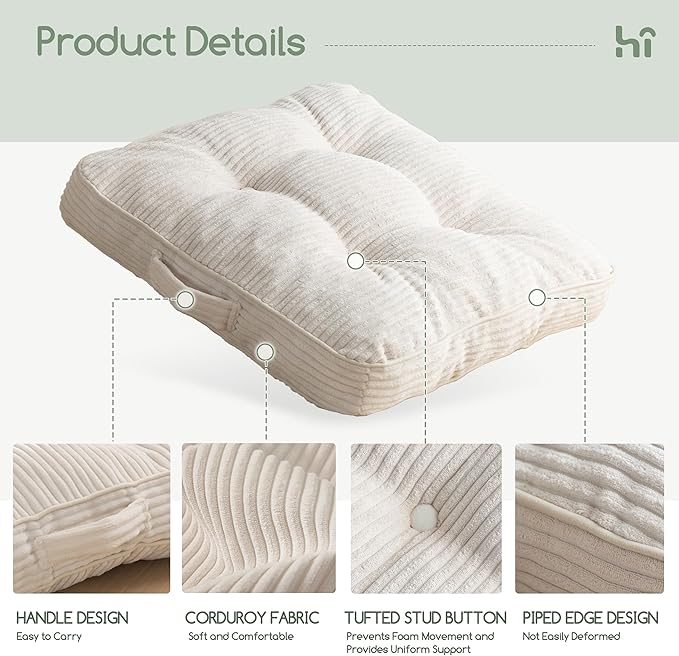 HIGOGOGO Floor Pillow Cushion for Adults, Meditation Cushion Pillow, Large Square Floor Sitting, Tufted Corduroy Cover, for Tatami Living Room or Yoga, 22x22 Inch, Beige