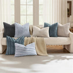 decorUhome Cozy Faux Fur Throw Pillow Covers 16x16 Set of 2 Decorative Soft Plush Striped Modern Farmhouse Boho Couch Pillow Cases with Velvet Back for Sofa Bed Living Room, Blue Grey
