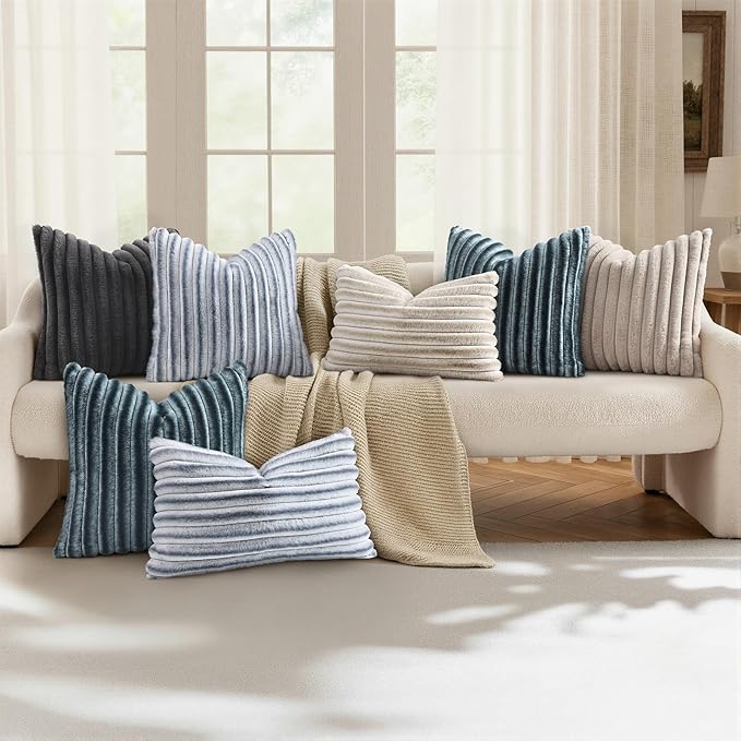 decorUhome Cozy Faux Fur Throw Pillow Covers 26x26 Set of 2 Decorative Soft Plush Striped Modern Farmhouse Boho Couch Euro Sham Pillow Cases with Velvet Back for Sofa Bed Living Room, Blue Grey