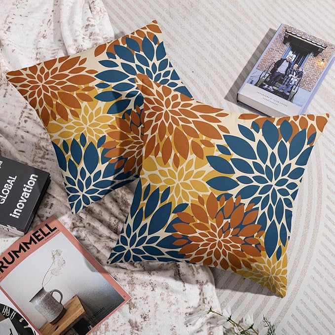 Blue Orange Yellow Pillow Covers 18X18 Inch Set of 2, Fall Colored Modern Geometry Dahlia Floral Print Decorative Throw Pillow Covers Outdoor Farmhouse Cushion Case for Couch Sofa Bed Decor