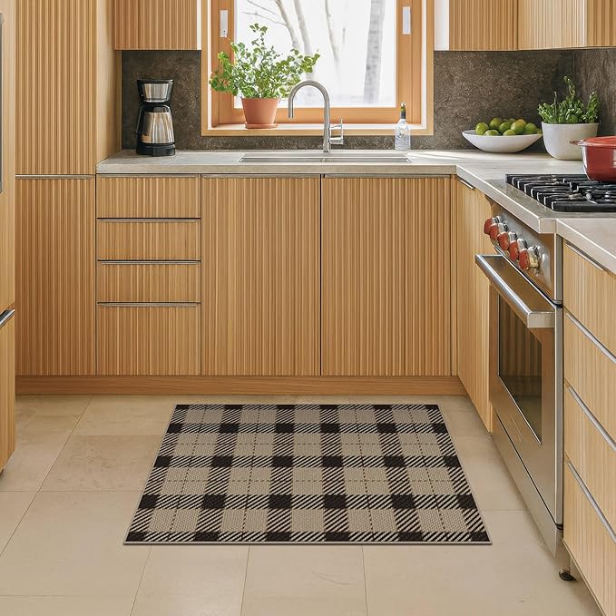 Washable 2x3 Plaid Rug Entry Way Indoor - No Shed Easy Jute Small Throw Rug for Kitchen, Non Slip Rustic Farmhouse Door Mat Indoor Entrance, Low Pile Black and Tan Checkered Buffalo Entryway Décor
