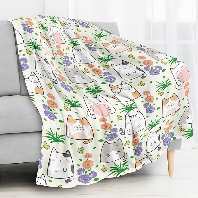 Throw Blanket for Couch, 300GSM Warm Soft Cozy Flannel Blanket, Cute Blanket for All Seasons Bedroom Home Decor Gifts, Cute Flower Cats 50x60 Inches