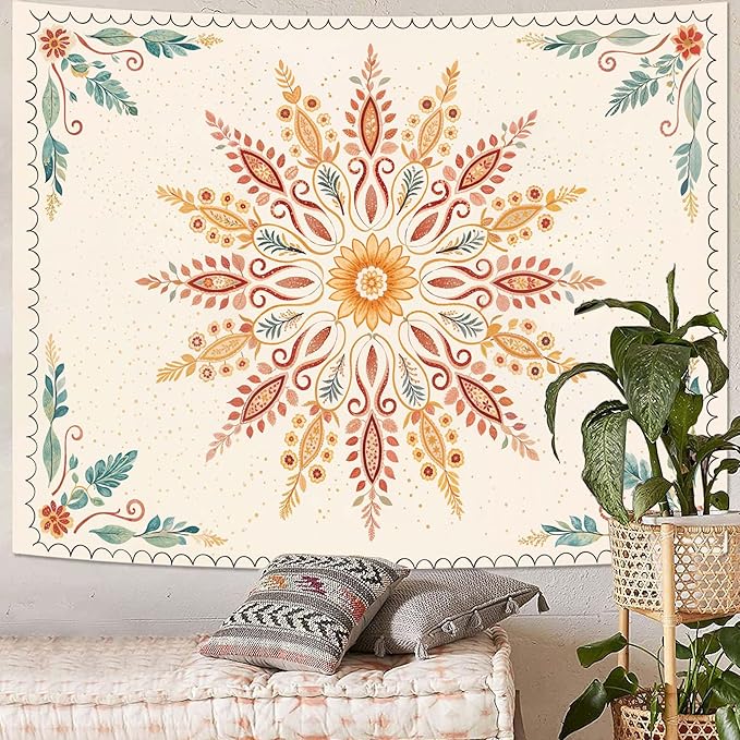 Accnicc Boho Floral Mandala Tapestry for Bedroom Bohemian Flower Wall Tapestry Aesthetic Small Watercolor Yellow Beige Hippie Indian Tapestries Wall Hanging for Living Room Dorm Decor 60 x 44 Inch