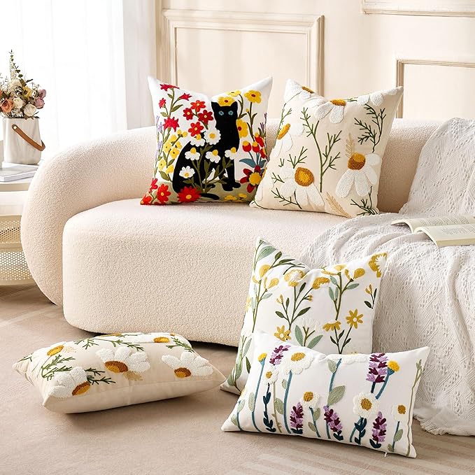 Embroidered Lumbar Pillow Covers Boho Farmhouse Daisy Tufted Pillow Covers Floral Decorative Couch PillowCases 12x20 Cottagecore Square Cushion Cover Set of 2 for Living Room Couch Sofa Bed Home Decor