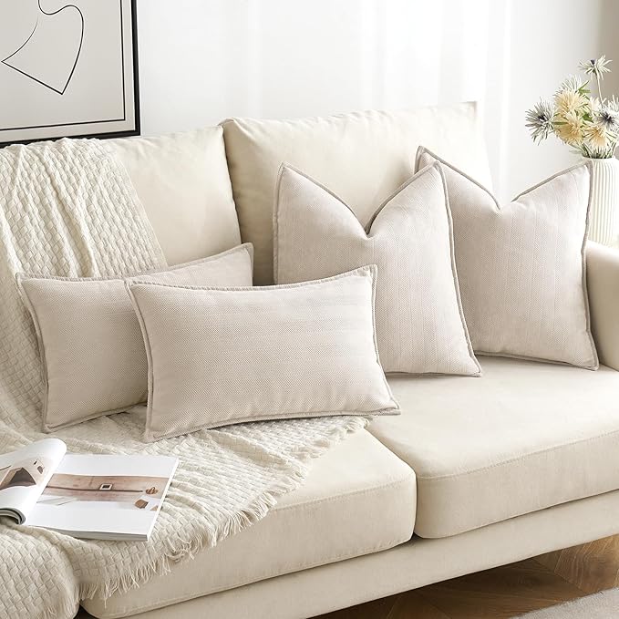MIULEE Pack of 2 Cream Beige Decorative Pillow Covers 20x20 Inch Soft Chenille Luxurious Couch Throw Pillows Farmhouse Cushion Covers with Elegant Design for Sofa Bedroom Living Room Spring Decor