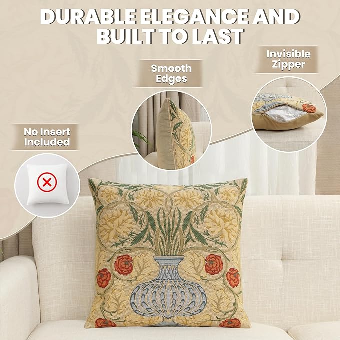 Charlotte Home Furnishings Throw Pillow Covers Decorative Boho Pillow Covers for Couch Living Room Yellow Rose Square Cushion Cases 18x18 in European Cotton Jacquard Woven for Cozy Bedroom Decor