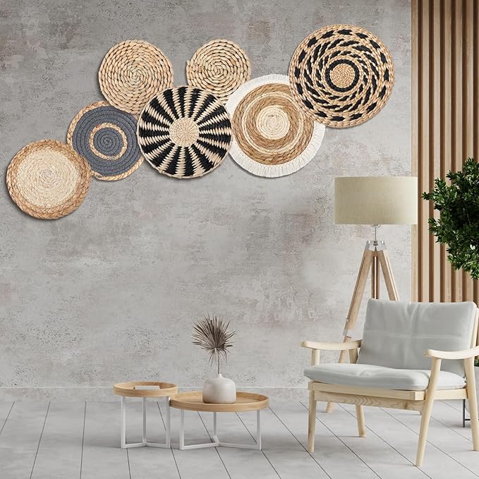 7 Pcs Boho Wall Basket Decor Hanging Handcrafted Seagrass Woven Round Bohemian Basket Wall Decoration Art for Farmhouse Home Room Rustic Decorations Table, Multi Sizes(Classic)